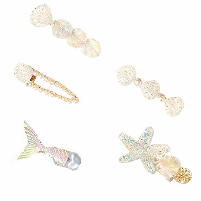 5 Pcs Starfish Seashell Hair Clips Mermaid Costume Pearl Beach Ocean Hair Accessories Women and Girls (White)