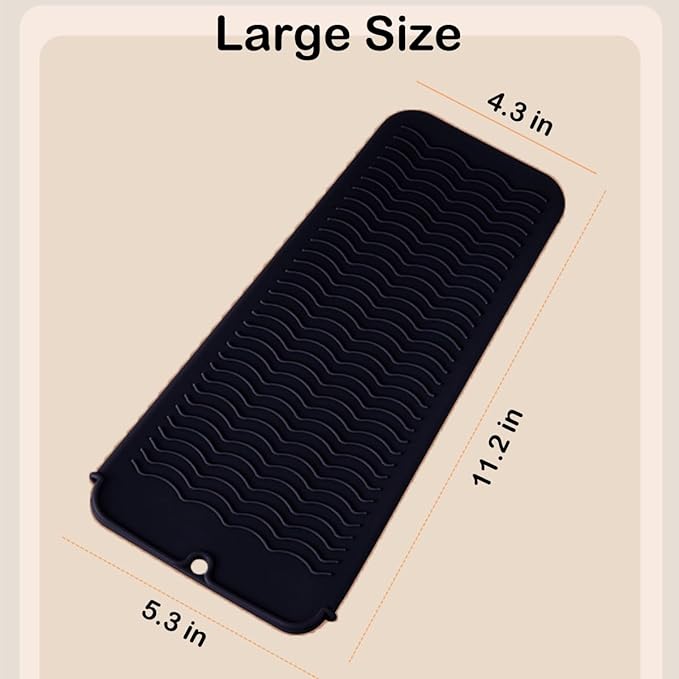 Heat Resistant Silicone Mat with Hanging Hole, Straightener Heat Resistant Travel Mat & Pouch for Curling Iron, Flat Iron and Other Hot Hair Styling Tools, 11 x 5 in, Black