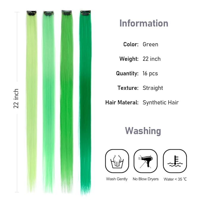16Pcs Green Colored Clip in Hair Extension Multi-colors Party Highlights Synthetic 20inch Color Hairpiece Halloween Cosplay Party Christmas New Year Gift for Women Kids Girls (Mix Green)