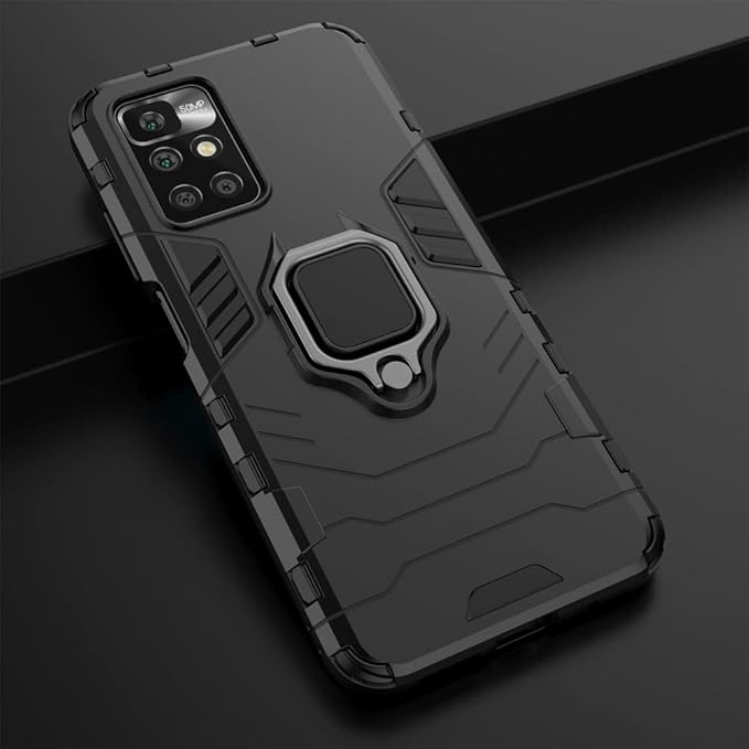 Ytaland for Xiaomi Redmi 10 Case,with 2 x Tempered Glass Screen Protector. (3 in 1) Shockproof Bumper Defender Protective Phone Cover with Ring Kickstand (Black)