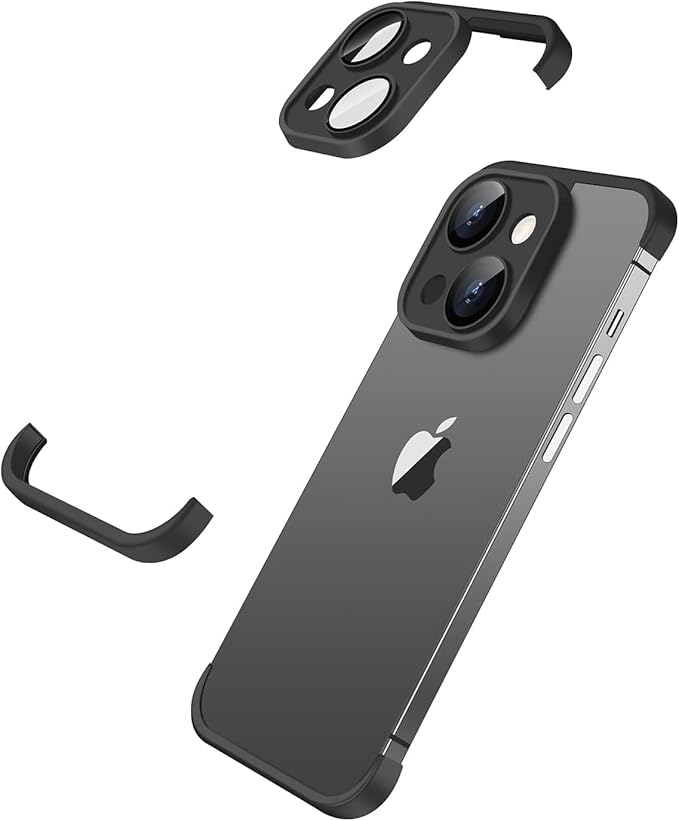 Frameless Case for iPhone 15 Case with Camera Lens Protector, Slim Soft TPU Silicone Shockproof Phone Borderless Cover,Ultra-Thin Lightweight Bumper Frameless Slim Cover,Black