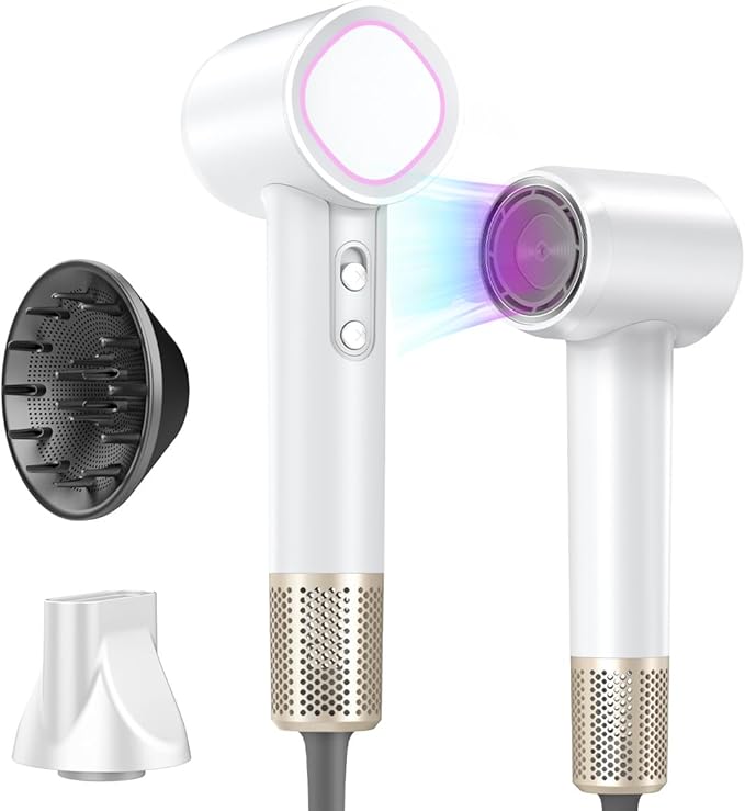 Hair Dryer, 160000 RPM High-Speed Brushless Motor with 500 Million Negative Ions, Professional Ionic Blow Dryer with Magnetic Diffuser & Nozzle,Lightweight for Home Travel Salon(White)