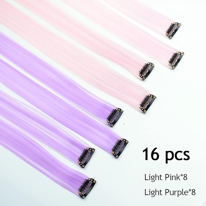 16Pcs Kids Purple Color Clip in Hair Extensions 20inch Colored Party Clip on in Hairpieces Ombre Purple Synthetic Colorful Straight Multi-Colors Hair Streak for Girls(Light Pink+light Purple)