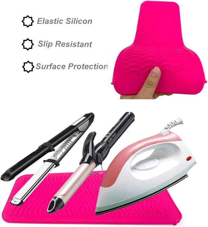 Heat Resistant Silicone Mat Pouch and Glove for Curling Irons, Hair Straightener, Flat Irons and Hair Styling Tools 11.5" x 6", Food Grade Silicone, Pink