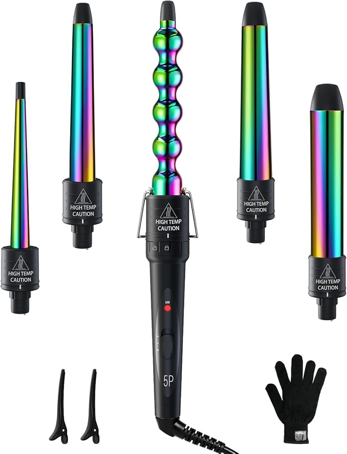 5 in 1 Curling Wand Set: Ohuhu Curling Iron Wand 5Pcs 0.35 to 1.25 Inch Interchangeable Ceramic Barrel Heat Protective Glove 2 Clips Dual Voltage Hair Curler for Girls Women Mother Gift Rainbow