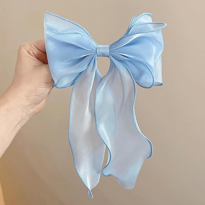 2PCS Large Blue Hair Bows, Chiffon Hair Ribbon Clips, Vintage Ribbon Bows Hair Clips, Oversized Hair Bow Barrettes for Women, Cute Long Tail Hair Bows Hair Styling Accessories