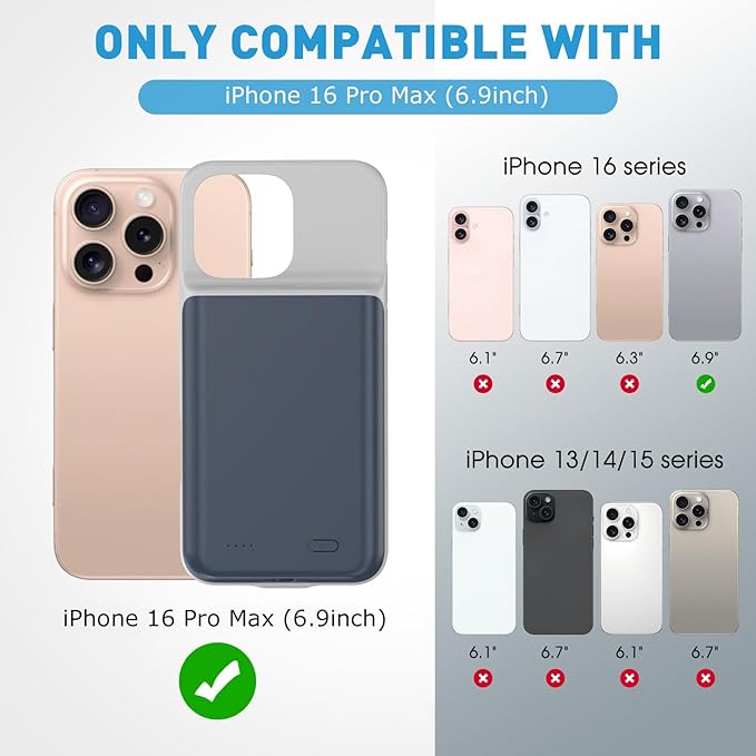 2025 New Upgraded 7000 mAh Travel Battery Case for iPhone 16 Pro Max 6.9inch, Extra Battery Life 15W Fast Charging External Rechargeable Portable Charging Case with HD Tempered Protective Film