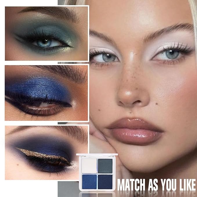 4 Colors Deep Teal Lvory Sapphire Blue Navy Blue Eye Shadow Palette Makeup, Highly Pigmented Waterproof Matte Shimmer Eyeshadow Palette for Women, paleta de sombras de ojos, Vegan & Cruelty-free 08