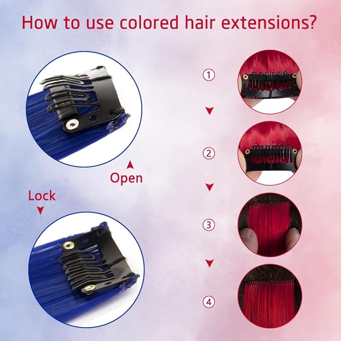 14 PCS Colored Clip In Hair Extensions 20 Inch Colorful Party Highlights Clip In Straight Rainbow Hairpieces, Halloween Cosplay Christmas New Year Gift For Women Kids Girls(Red, Blue-14Pcs)