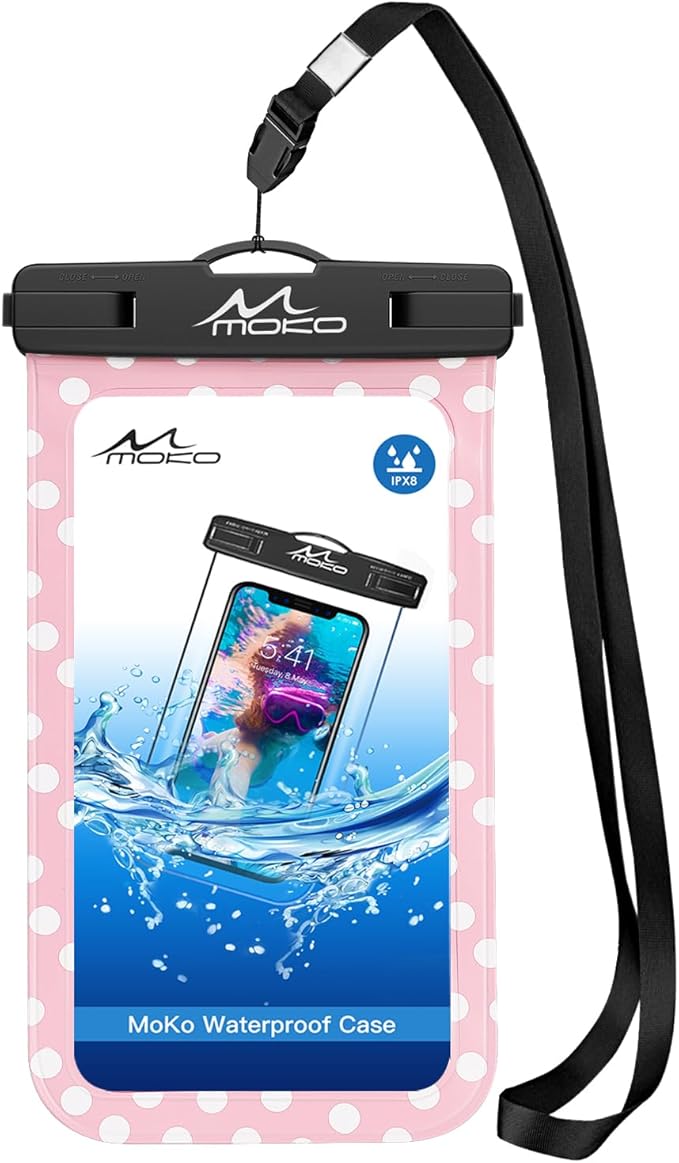 MoKo Waterproof Phone Pouch Holder, Cellphone Case Dry Bag with Lanyard Armband Compatible with iPhone 16 15 14 13 12 11 Pro Max, Samsung S24/S23/S21/S20/S10, Pink dots
