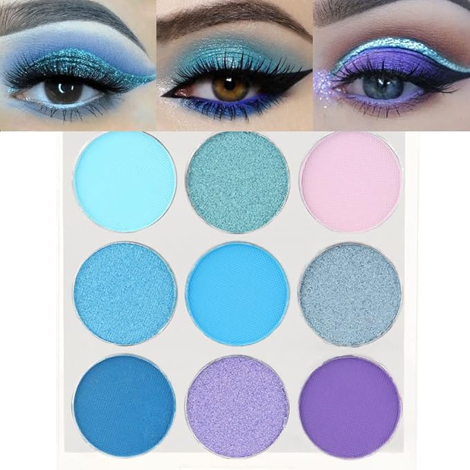 9-Color Shimmer & Matte Blue Eyeshadow Palette – Highly Pigmented Light & Dark Blue Shades, Blendable Shiny & Matt Makeup Powder