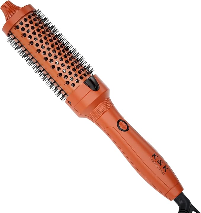 K&K Thermal Brush, 1.5 Inch Heated Round Comb, Professional Heated Curling Ceramic Tourmaline Ionic Curling Iron, Hot Styling Volumizing Brush, Dual Voltage, Orange