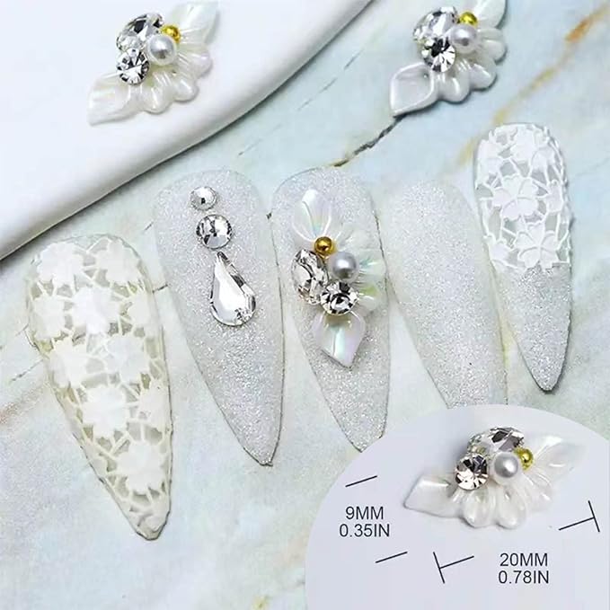 Nail Art Charms 3D Flower Nail Charms for Acrylic Nails White Gold Nail Art Supplies Luxurious Gems Rhinestones Pearls Design Nail Accessories for Women and Girls Nail Decorations.