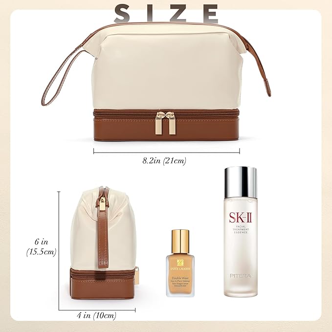 2-In-1 Jewelry Box and Makeup Bag with Mirror - Versatile Travel Jewelry Holder Organizer Cosmetic Bag, Portable Toiletry Bag with Integrated Jewelry Makeup Case for Women Men (White & Brown)