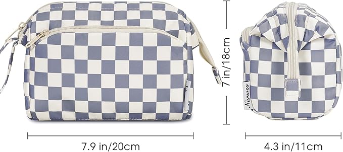 Narwey Checkered Makeup Bag Women Wide-open Make up Bag Travel Cosmetic Bag Organizer Toiletry Bag for Cosmetics Toiletries Accessories (Greyish Blue Checkerboard)