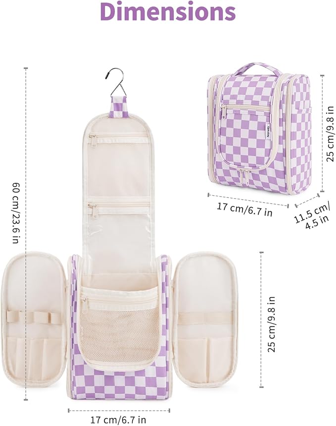 Narwey Small Checked Hanging Travel Toiletry Bag for Women, Travel Bag for Toiletries, Makeup Bag Organizer Cosmetic Bags Make Up Bags for Women (Purple Checkerboard)