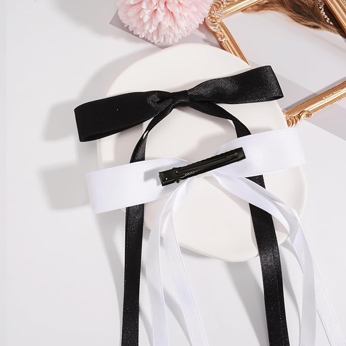 4 PCS Tassel Ribbon Bowknot Hair Clips With Long Tail for Women Girl Teens Kids, Solid Holder Fashion Bow Bowknot Hair Accessories Headwear Barrettes Claw(Black&White)