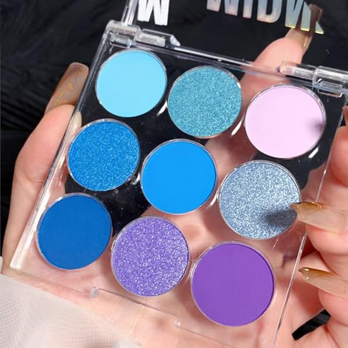 9-Color Shimmer & Matte Blue Eyeshadow Palette – Highly Pigmented Light & Dark Blue Shades, Blendable Shiny & Matt Makeup Powder