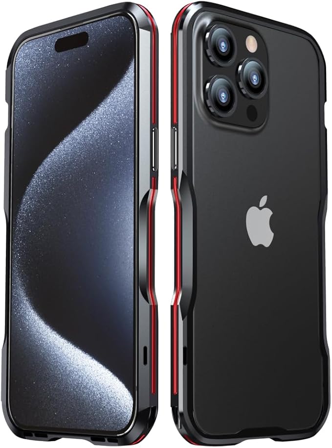 HENGHUI Aluminum Bumpers for iPhone 15 Pro Bumper Case with Strap Hole Metal Frame Bumper Cover Shock Absorbent Slim Cool Design (Black+Red)