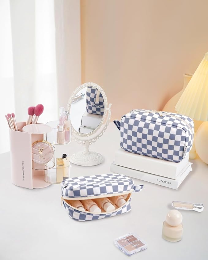 Narwey Checkered Makeup Bag Travel Cosmetic Bag Organizer Small Toiletry Bag Make Up Bags with Organzied Pockets for Women (Grayish Blue Checkerboard, Large)