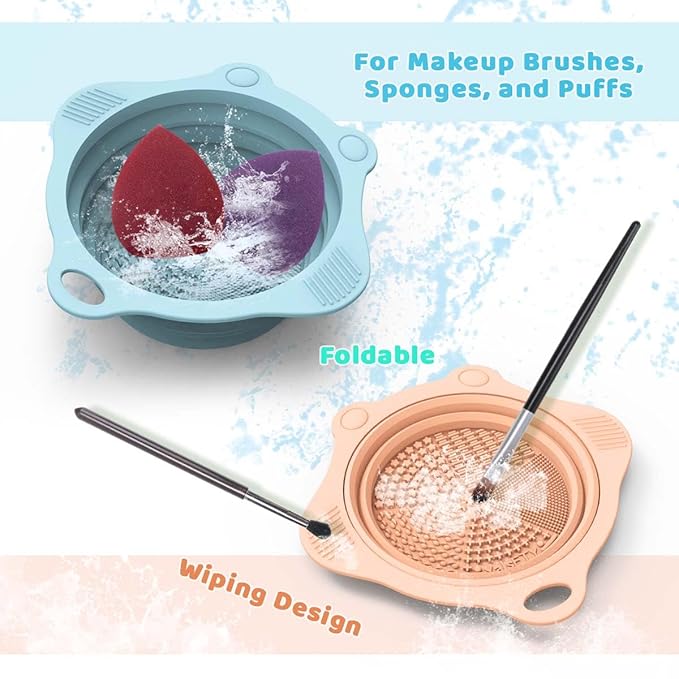 2PC Foldable Silicone Makeup Brush Cleaner Pad Bowls, YalsFTY Portable Mat Scrubber Cleaning Tool for Makeup Brushes (Khaki and Blue)