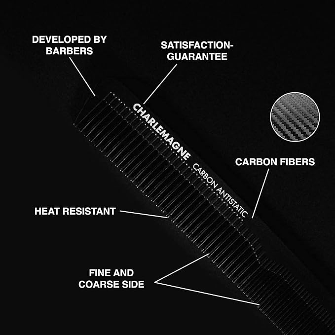 Charlemagne Men's Shatterproof Carbon Hair Comb 18 cm - Anti-Static Fine Comb for Cutting & Styling, for Men & Women - Styling Tools & Appliances
