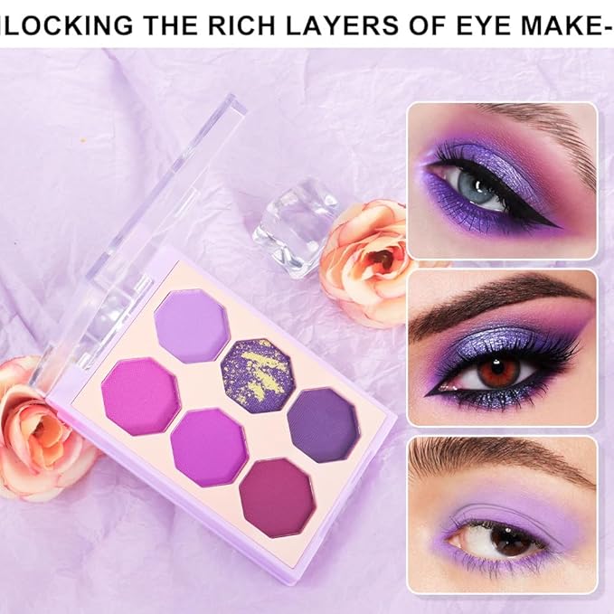 Six Colors Glitter Matte Eyeshadow Palette, Purple Light Purple Violet Midnight Purple Smoky Shimmer Sparkly Eyeshadow Palette Makeup, Prom Eyeshadows Long-Lasting Waterproof Women Girls Eye Shadow 02