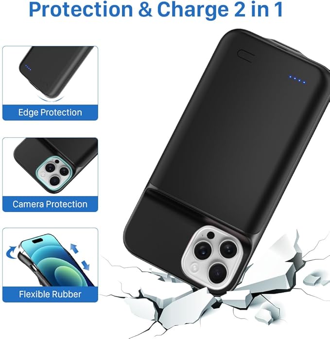 2025 Battery Charging Case for iPhone 16 Pro, Powerful 7000mAh Portable Rechargeable Charger for iPhone 16 Pro (Black)