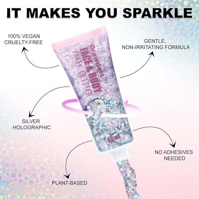Face & Body Glitter,Cosmetic-Grade Holographic Glitter Gel,50ml Silver Hair Glitter Gel,Rave Glitter,Mermaid Makeup Glitters for Women - Vegan & Cruelty Free