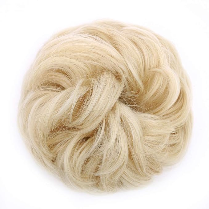 MORICA 1PCS Messy Hair Bun Hair Scrunchies Extension Curly Wavy Messy Bun Synthetic Chignon Hairpieces for Women(24/613#(Pale Ash Blonde Mix Bleach Blonde))