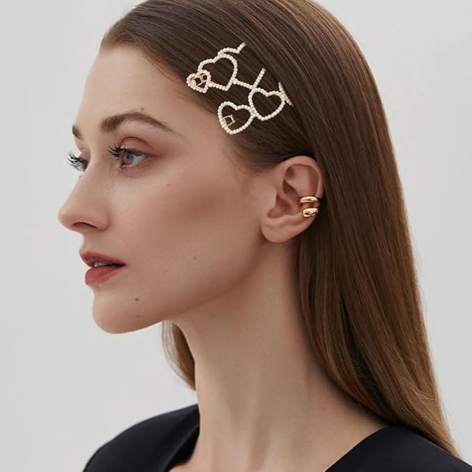 6PCS Pearl Heart Hair Clip, Hollow Boho Hair Barrette Non-Slip Metal Hairpin Valentines Wedding Prom Decorative for Women Girls Elegant Styling Hair Accessories