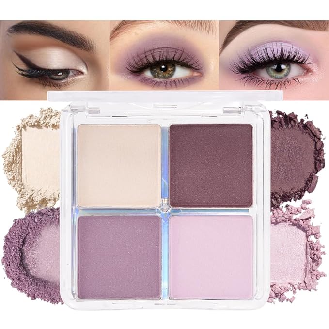 4 Colors Dark Pink Purple Brown Beige Eye Shadow Powder Palette Makeup, Neutral Matte Cream Shimmer Quads Eyeshadow Palette for Women Highly Pigmented Waterproof, paleta de sombras de ojos, Vegan 02