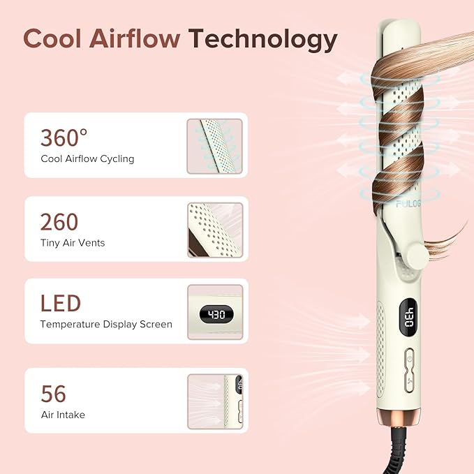 360° Airflow Styler Curling Iron, 1.25 Inch Hair Straightener and Curler 2 in 1, LED Display Curling Flat Iron with Cooling Air Vents to Lock in Style, Adjustable Temp Curling Wand (White)