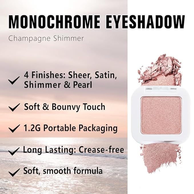 evpct Champagne Shimmer Single Eye shadow Palette Makeup for Older Women, Glitter Sparkly Cream Eye Shadow Palette Brightener Makeup for Older Women, High Pigment Waterproof Monochrome Mini Eyeshadow
