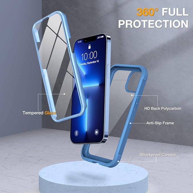 Miracase Glass iPhone 13 Pro Case 6.1 inch, 2023 New Full-Body Clear Bumper Case with Built-in 9H Tempered Glass Screen Protector for iPhone 13 Pro, Capri Blu