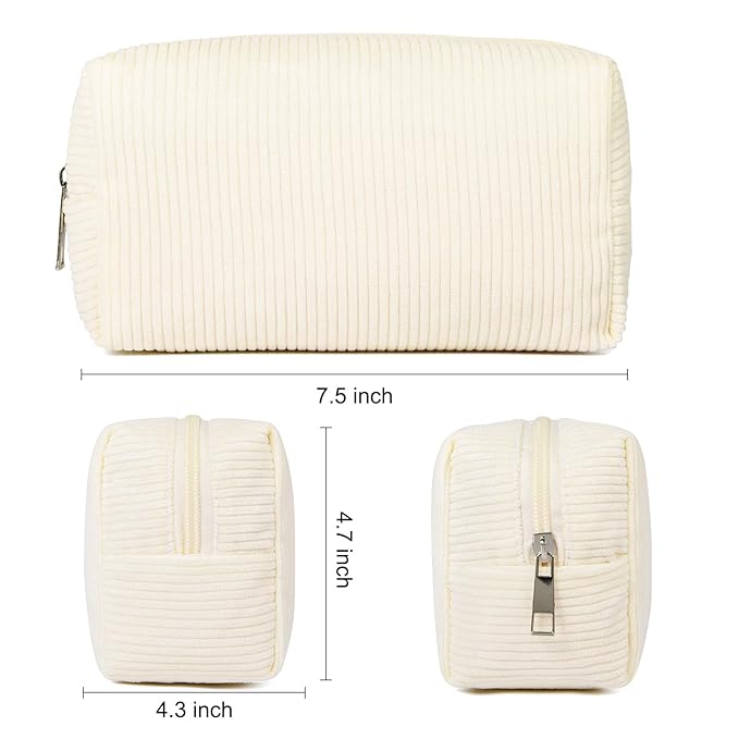 2 Pieces Makeup Bag Corduroy Cosmetic Bag White Pink Makeup Pouch Travel Toiletry Bag Organizer Cute Makeup Brushes Storage Bag for Women
