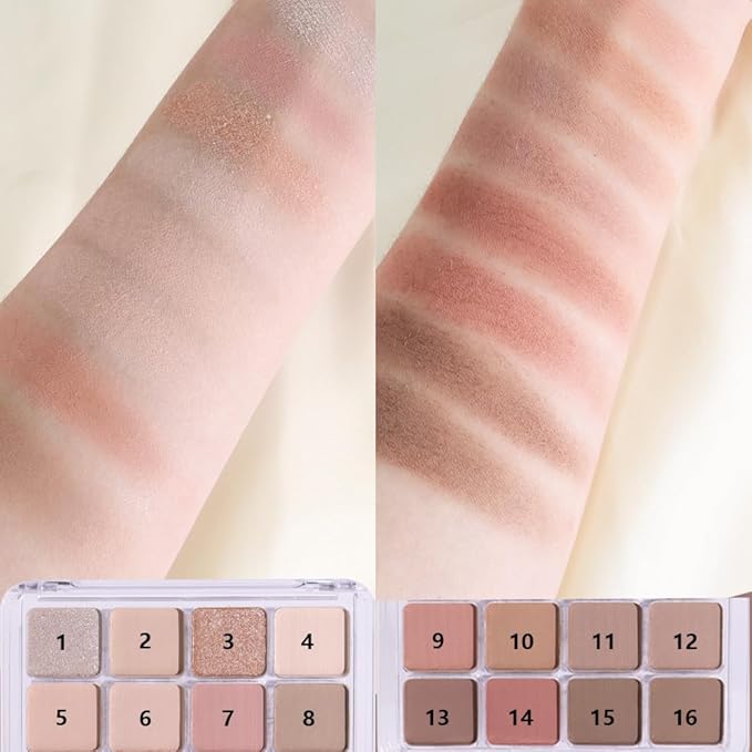 16Color Matte Shimmer Eyeshadow Palette, Natural Nude Brown 16Color Series Eye Shadow Palette Makeup, Warm Glitter Sparkly Eyeshadows Long Lasting Waterproof Naturing-Looking Women Girls Eye Shadow
