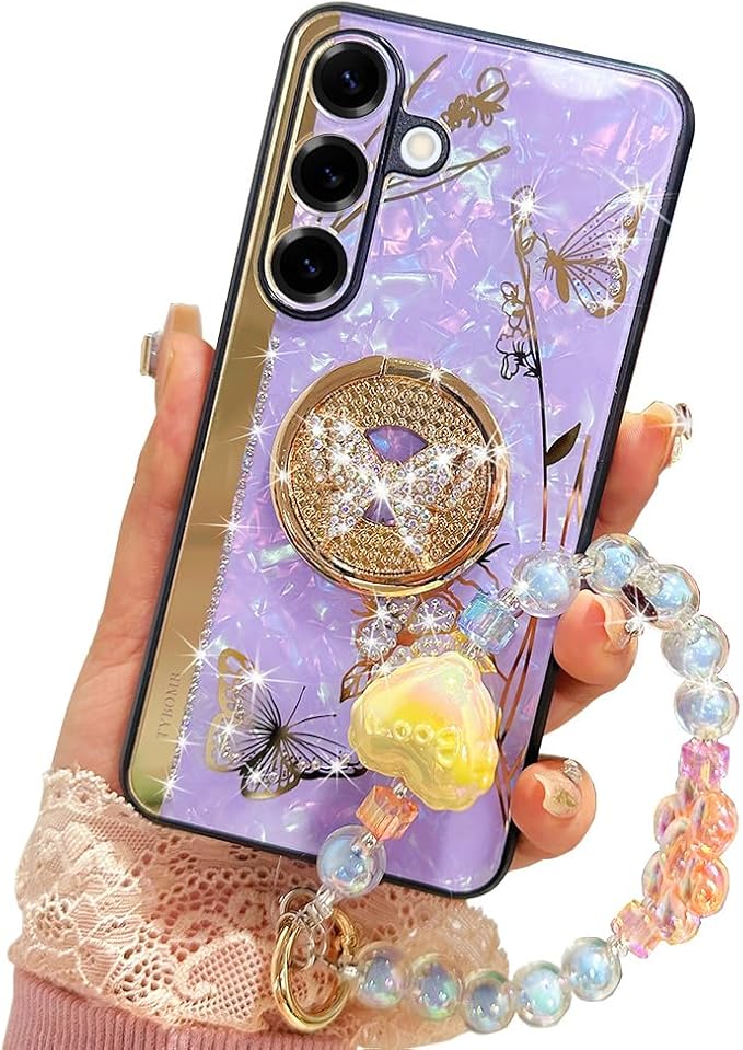 for Samsung Galaxy A16 Case with Kickstand,A16 5G Phone Case Girly Bling Diamond Butterfly Design,Luxury Plating Sparkle Pearl Hard Back Soft TPU Bumper with Bead Strap for Women Girls Purple