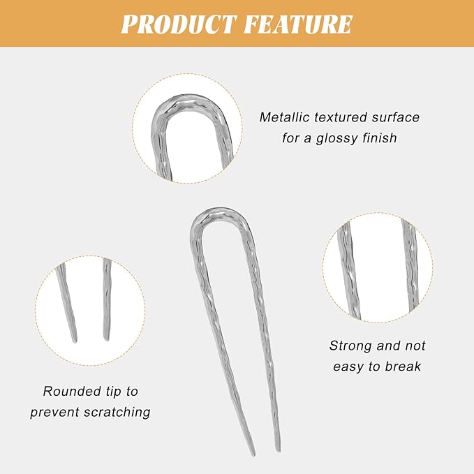 3PCS Textured Metal French Hair Pins, U Shaped Updo French Pin Hair Fork for Women and Girls, French Twist Hair Pin for Buns, French Pins Hair Accessories