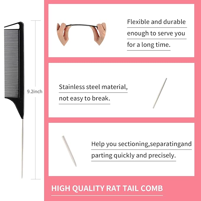 3 Pieces Comb Set for Teasing, Edge & Back Brushing - Rat Tail & Edge Combs for Styling Women's Hair (Black)