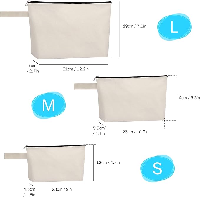 10 Pieces Cotton Canvas Makeup Bag with Bottom, Multi-Purpose Cosmetic Bag with Zipper Travel Toiletry Pouch, Blank DIY Craft Bag Pencil Bag (S, Black) (MN-WB07)