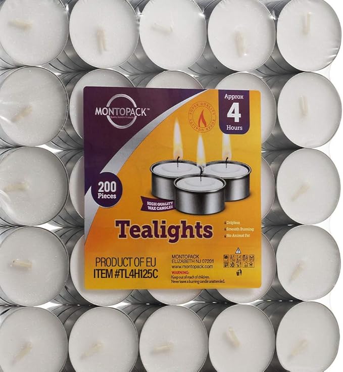 MontoPack Unscented Tea Lights Candles in Bulk | 200 White, Smokeless, Dripless & Long-Lasting Paraffin Tea Candles | Small Votive for Home, Pool, Shabbat, Weddings & Emergencies