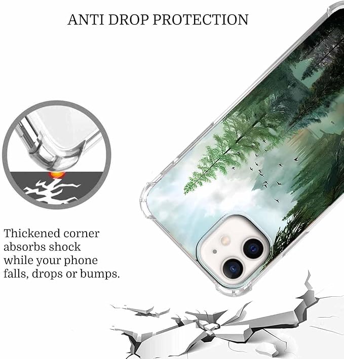 Case for iPhone 12/12 Pro with Forest Design,Mountain and Birds Beautiful Scenery Nature Pattern,Soft TPU Bumper Phone Cover(12,Wood)