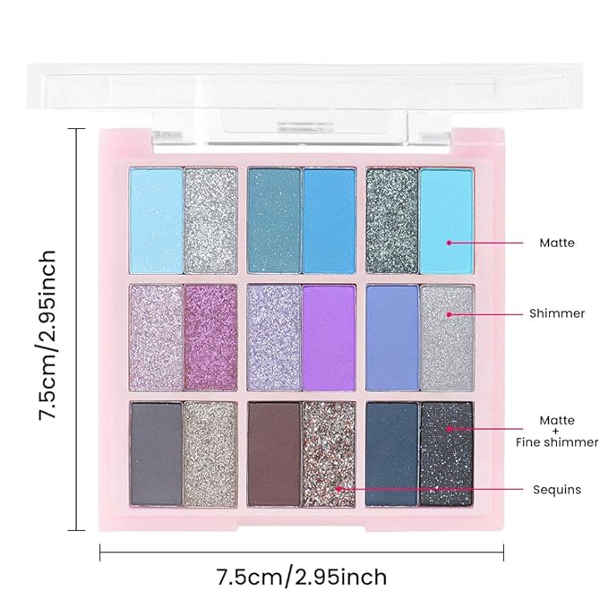 18Colors Blue Purple Gray Colorful Eyeshadow Palette Makeup,Light Blue Glitter Sparkly Highly Pigmented Smoked Eye Shadow Long Lasting Waterproof Naturing-Looking Blendable for Beginners