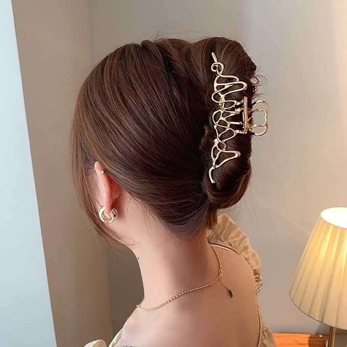 Mehayi 3 PCS Large Gold Metal Hair Claw Clips for Women Girls, Cute Alloy Big Hair Clamps Strong Hold for Thick Thin Hair, Fashion Hair Accessories Headwear Styling Tools for Party Wedding