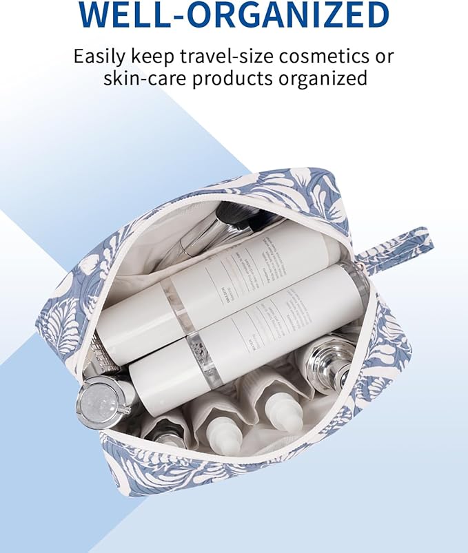 Narwey Cute Makeup Bag Small Toiletry Bag Travel Cosmetic Bag Organizer Make Up Bags with Organized Pockets for Women (Blue Leaf, Large)
