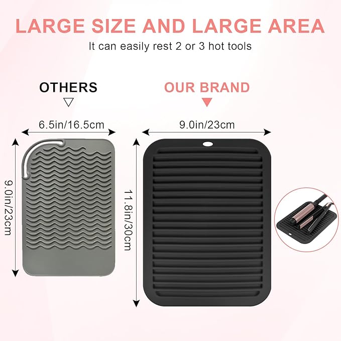Large Silicone Heat Resistant Mat, Professional Hot Hair Tools Mat for Curling Iron, Flat Iron, Hair Straightener, Portable Hot Pad Cover with Velcro for Travel Home Salon(11.8" x 9.0")