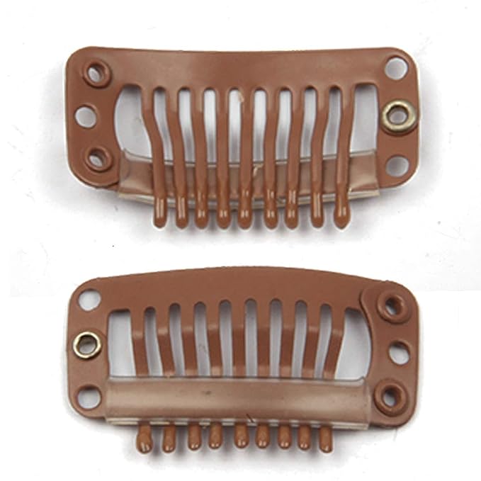 20pcs Metal Snap Clips for Hair Extensions DIY Clip in on Hair Extension Wigs 9 Teeth 32mm 1.2g/pc Black Brown Beige Color (Light Brown)