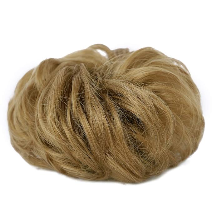 MORICA 1PCS Messy Hair Bun Hair Scrunchies Extension Curly Wavy Messy Bun Hair Synthetic Chignon Hairpieces for Women (27/24# (Strawberry Blonde & Bleach Blonde))