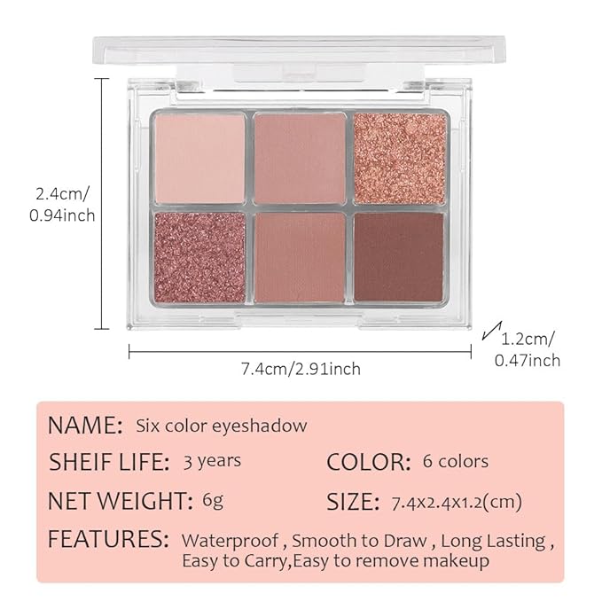 6 Colors Glitter Matte Eyeshadow Palette, Natural Nude Dark Brown Coffee Sparkly Eye Shadow Makeup, Warm Pastel Eye shadows Palette Long Lasting Waterproof Naturing-Looking Women Girls Eye Shadow 03